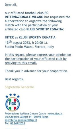 Ja kërkesa që Interi i bën Egnatias për miqësoren e gushtit