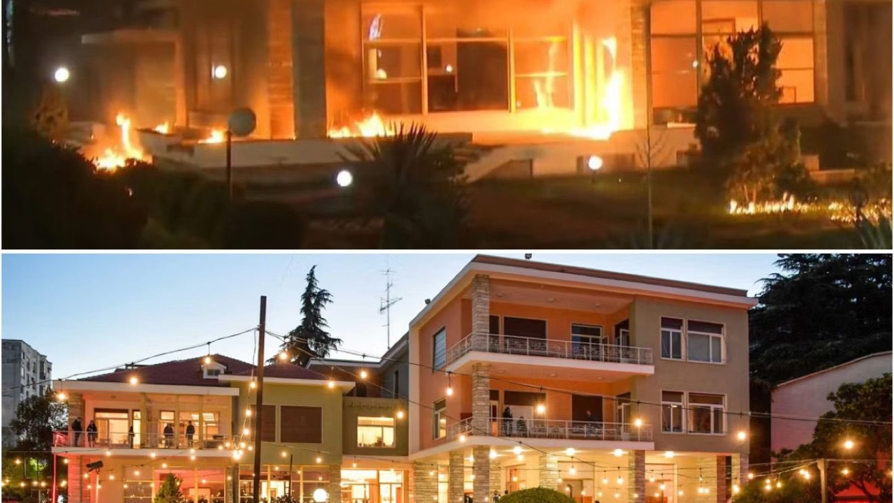 Protestuesit e PD i vunë zjarrin vilës së ish diktatorit Hoxha  ministri Gonxhe  12 artistë ndodheshin sot aty  ky është një agresion i hapur