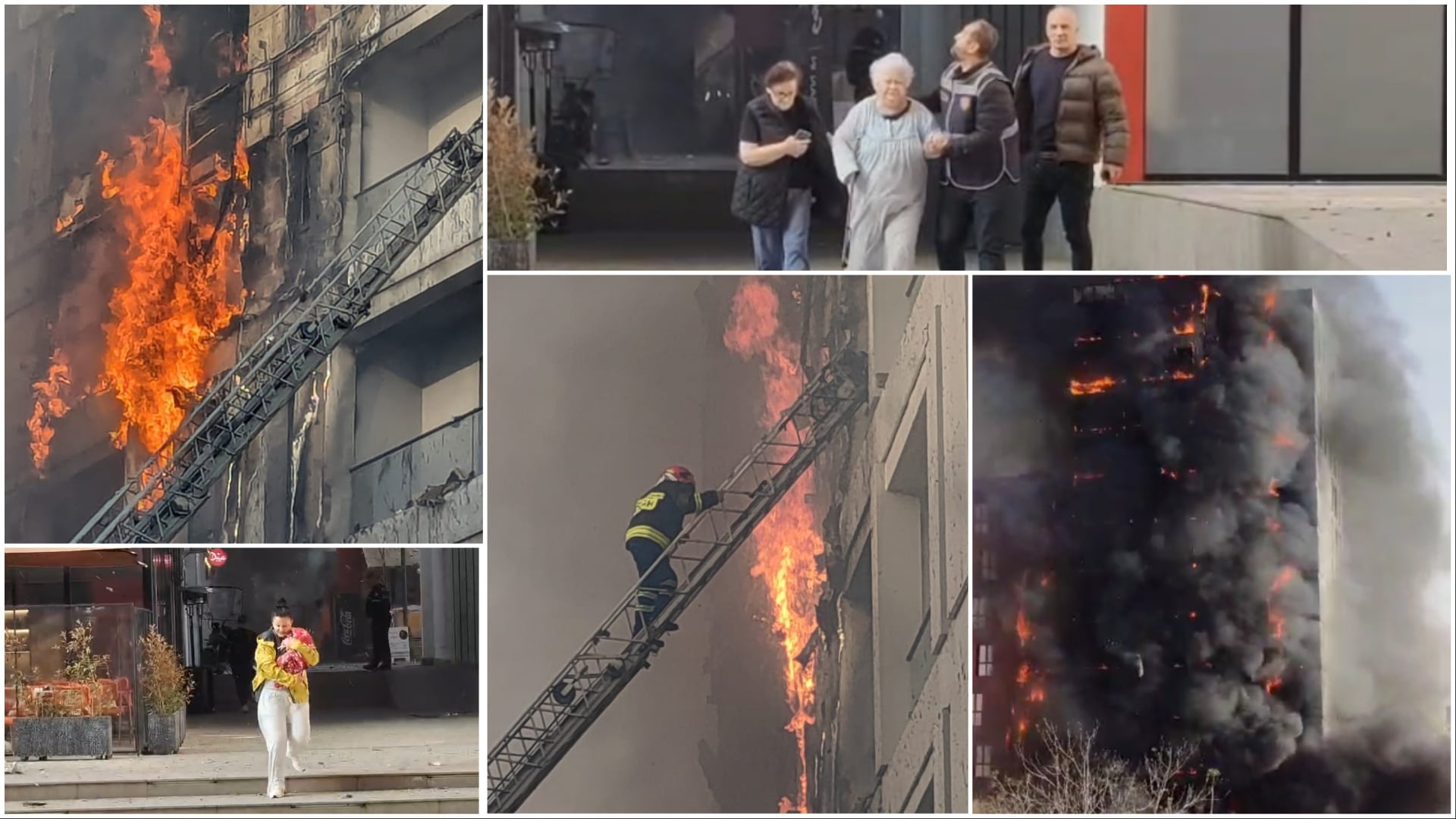 LIVE  Digjet i gjithë pallati përballë spitalit  Nënë Tereza   evakuohen banorët  Katër të asfiksuar  të moshuarit ndihmohen të dalin nga flakët  zjarrfikësit në vendngjarje