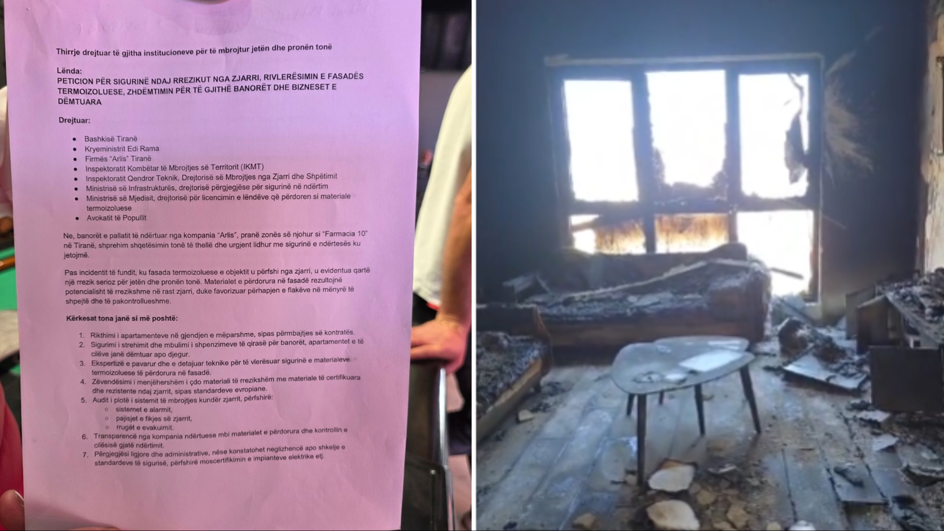 Zjarri te pallati pranë QSUT  banorët e prekur nënshkruajnë një peticion me 10 kërkesa urgjente