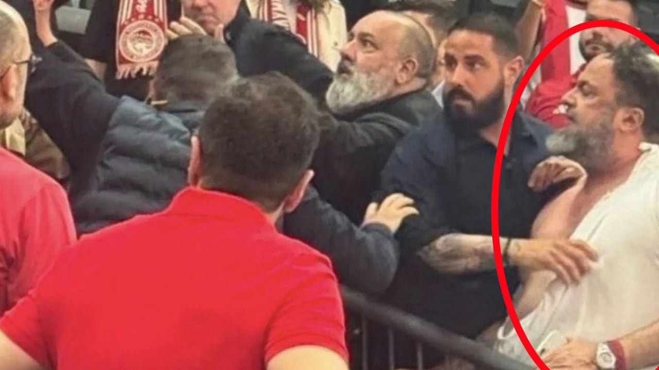 Video  Degjeneron finalja e madhe  nipi i Mitsotakis i pështyn dhe i gris këmishën bosit të Olympiacos it  plas sherri masiv 