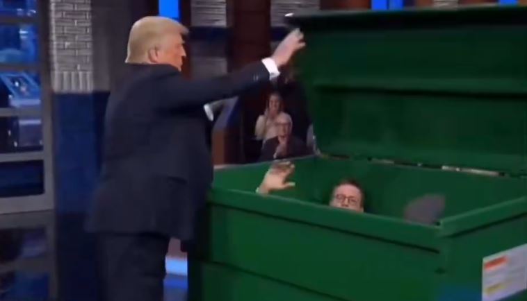 Trump sulmon sërish Colbert pas mbylljes së  The Late Show   shpërndan video me IA duke e hedhur moderatorin në koshin e plehrave