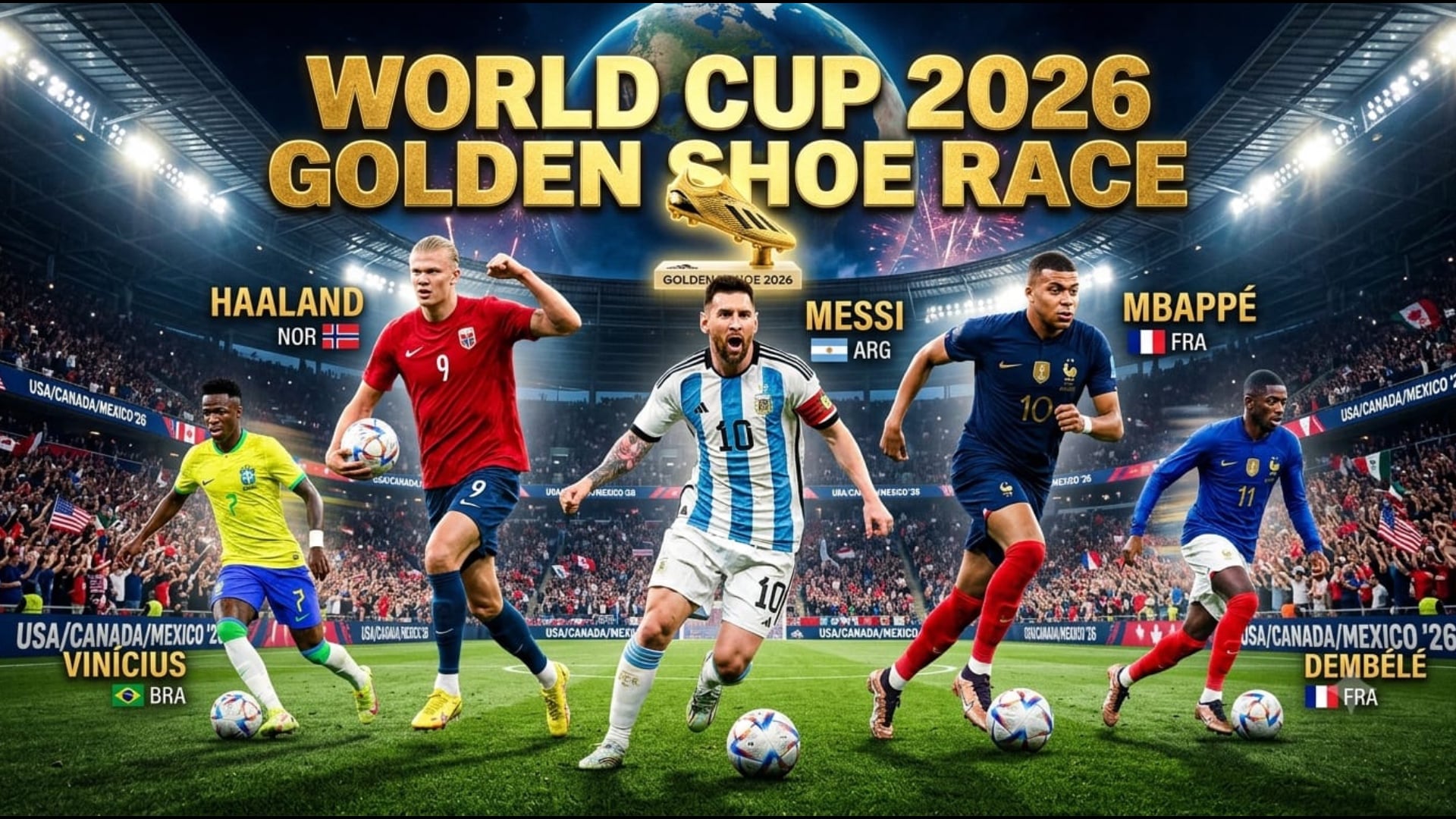 Gara për Këpucën e Artë të Botërorit  Messi  Mbappé  Dembélé  Vinicius dhe Haaland  në një betejë yjore