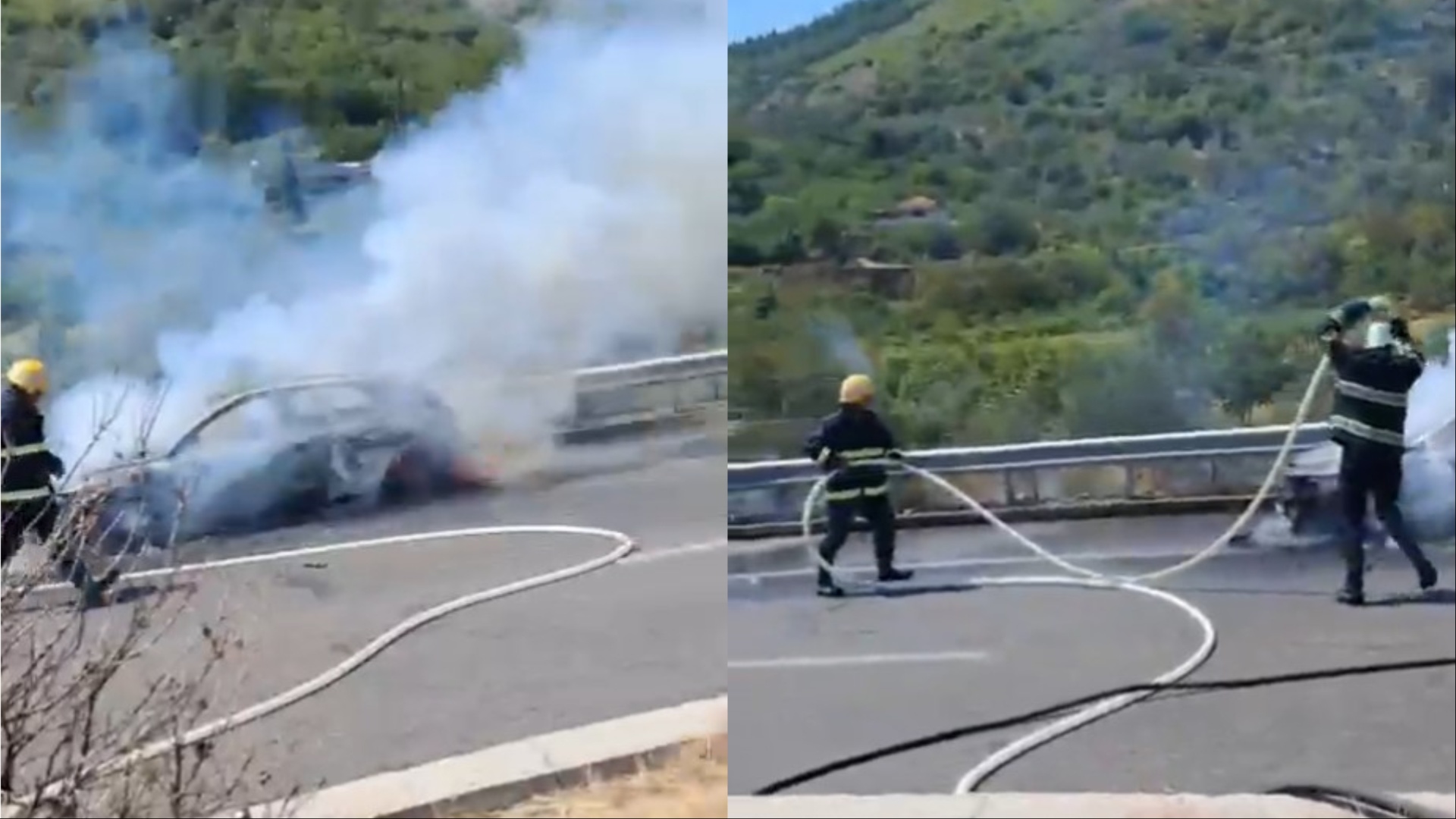 Mjeti përfshihet nga flakët në rrugën Tiranë Elbasan  shpëtojnë pa lëndime udhëtarët