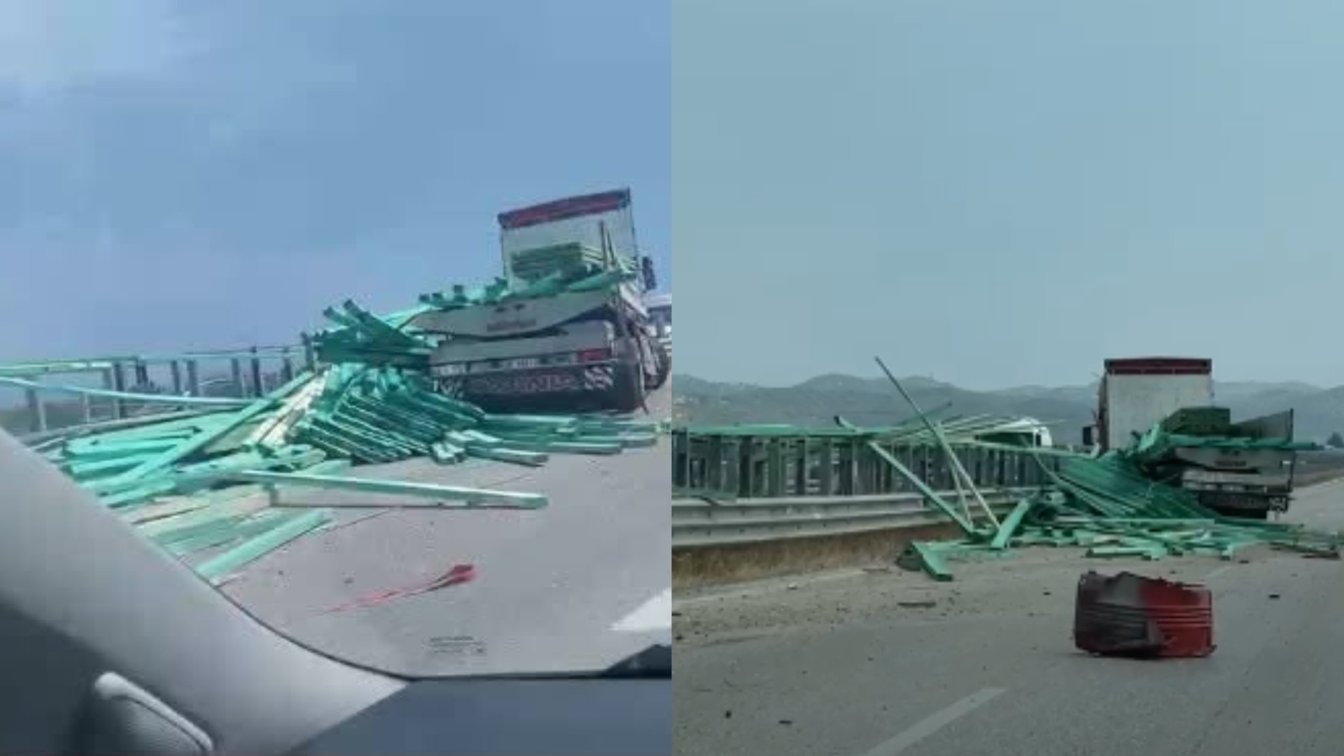 Kamioni përplaset me barrierat dhe ngarkesa me dërrasa shpërndahet në rrugë  rrezik për mjetet në lëvizje në aksin Vlorë Fier