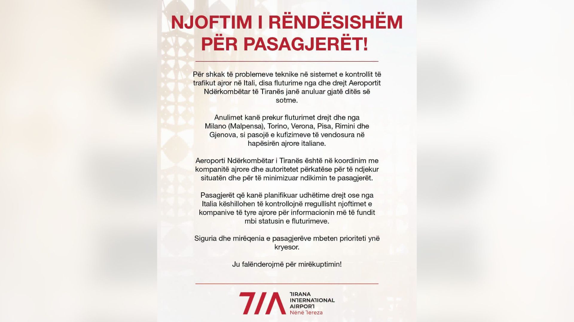 Protesta në kryeqytet/ Aeroporti i Rinasit njofton anulimin e disa fluturimeve drejt Italisë, ja destinacionet që preken
